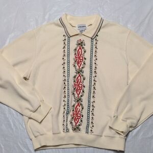 Alfred Dunner Vintage Grannycore Cottagecore Embroidered Collar Sweater Cream Lg